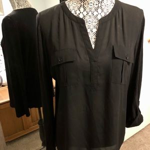 INC International Concepts Black V Neck Shirt Blouse Two Pockets Size L Classy!